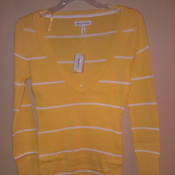 Aeropostale Yellow/White striped V Neck Sweater S - Picture 1 of 8